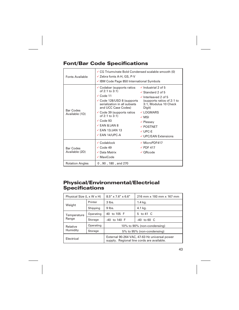 Font/bar code, Physical/environmental/electrical | Zebra Technologies DA402 User Manual | Page 49 / 56