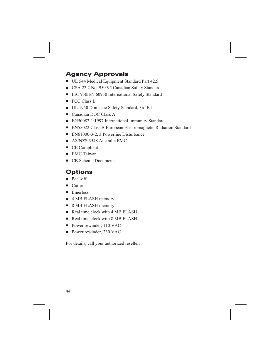 Agency approvals, Options | Zebra Technologies DA402 User Manual | Page 50 / 56