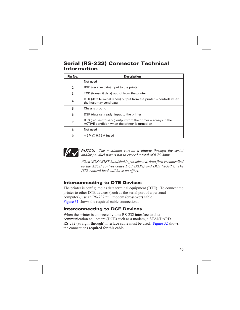 Serial (rs-232) connector technical information, Interconnecting to dte devices, Interconnecting to dce devices | Technical and pinout information | Zebra Technologies DA402 User Manual | Page 51 / 56