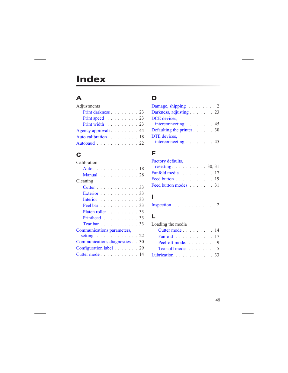 Index | Zebra Technologies DA402 User Manual | Page 55 / 56