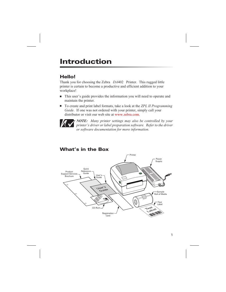 Introduction, Hello, What’s in the box | Zebra Technologies DA402 User Manual | Page 7 / 56