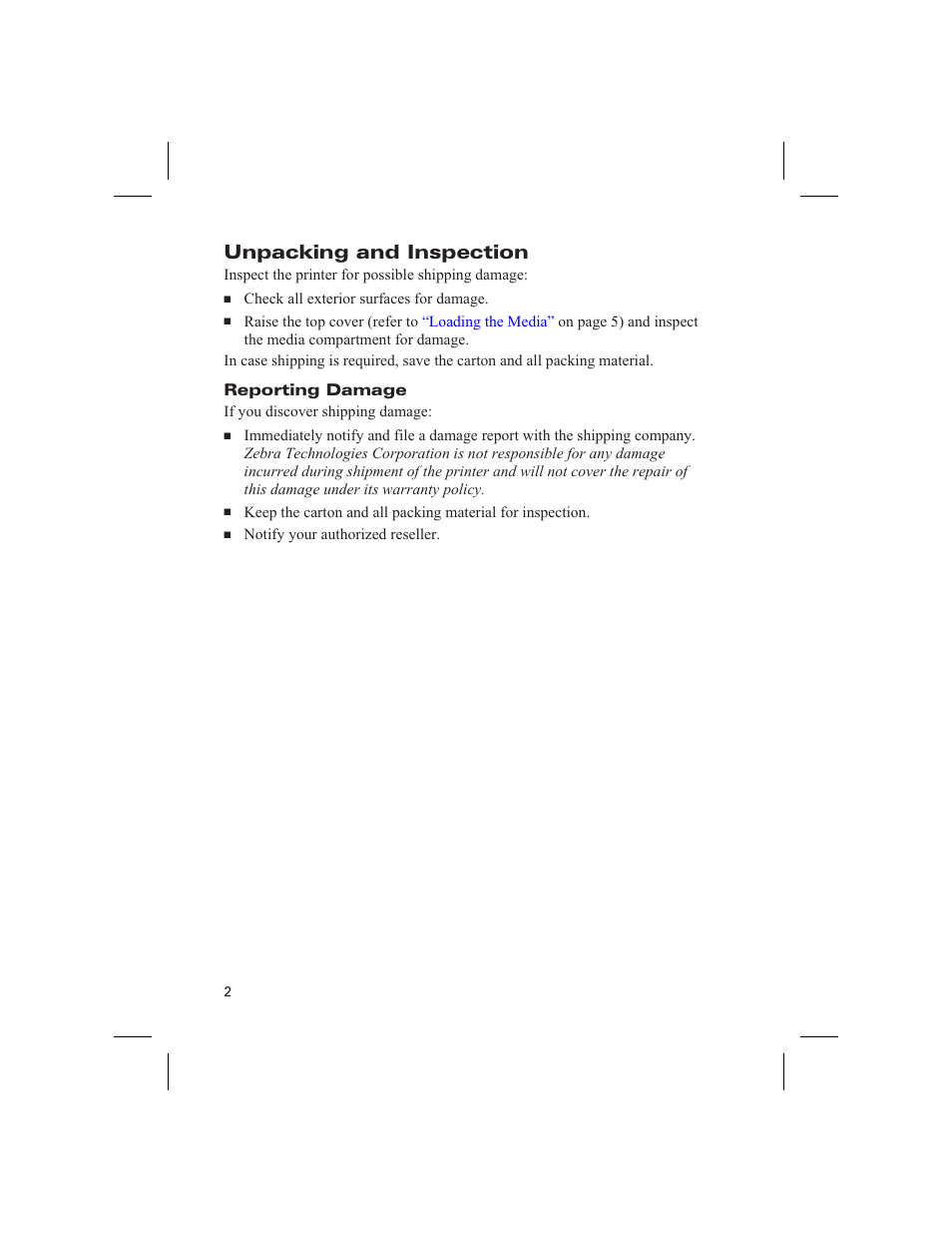 Unpacking and inspection, Reporting damage | Zebra Technologies DA402 User Manual | Page 8 / 56