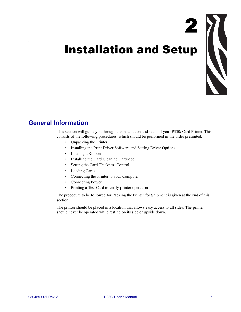 Installation and setup, General information, 2 • installation and setup | Zebra Technologies zebra card printer zebra p330 User Manual | Page 17 / 66