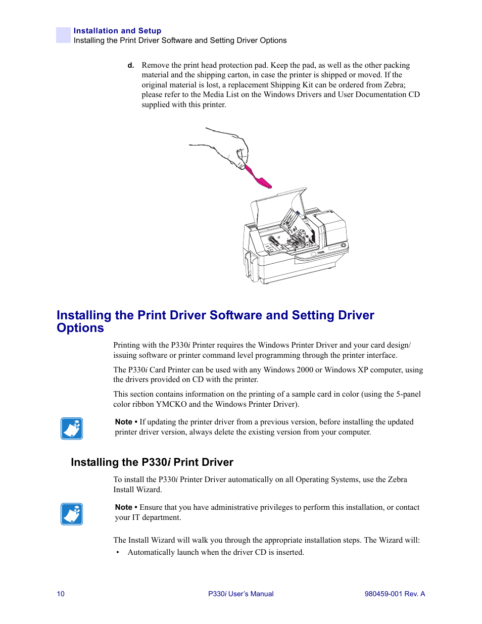 Installing the p330i print driver, Installing the p330 i, Installing the p330 i print driver | Zebra Technologies zebra card printer zebra p330 User Manual | Page 22 / 66