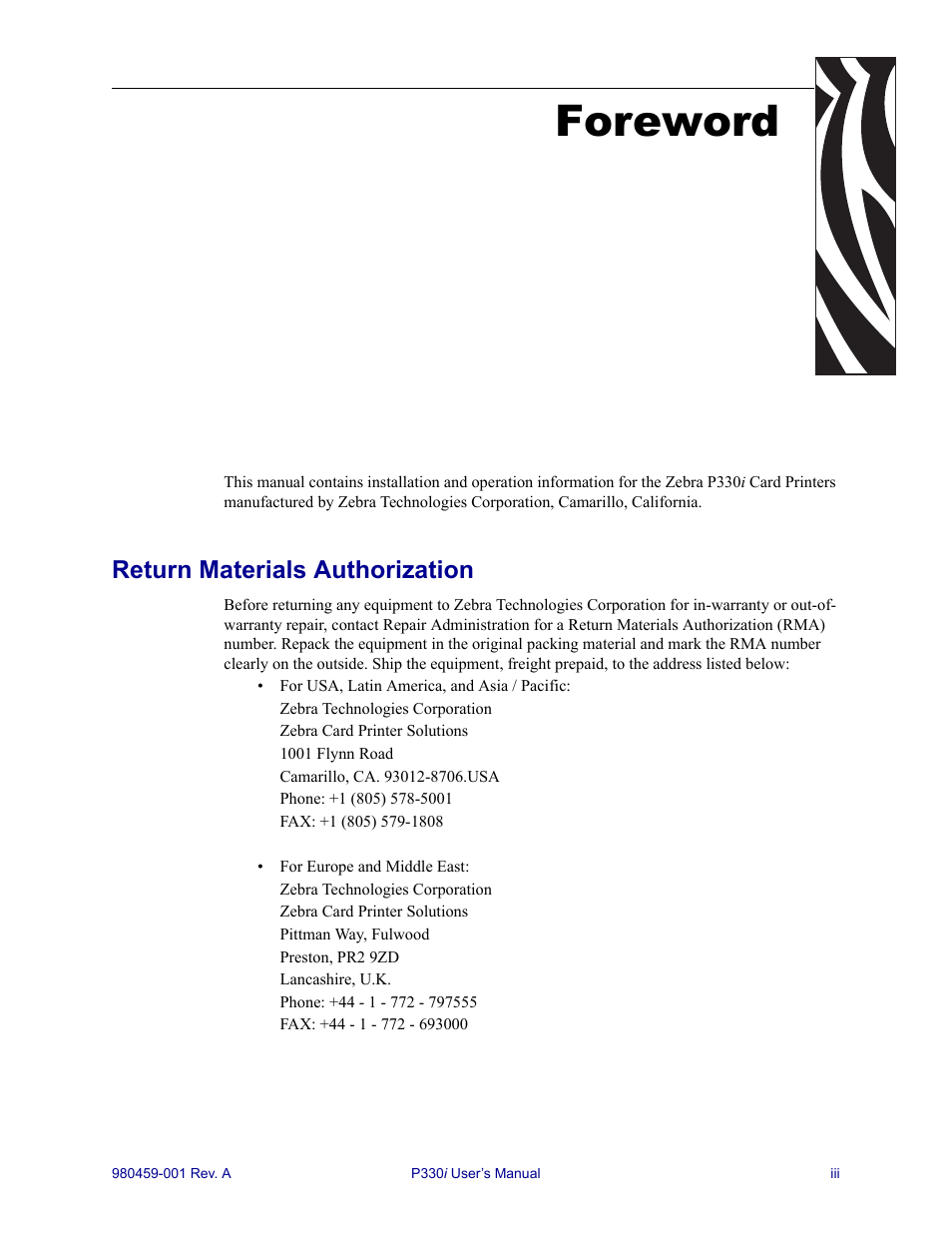 Foreword, Return materials authorization | Zebra Technologies zebra card printer zebra p330 User Manual | Page 3 / 66