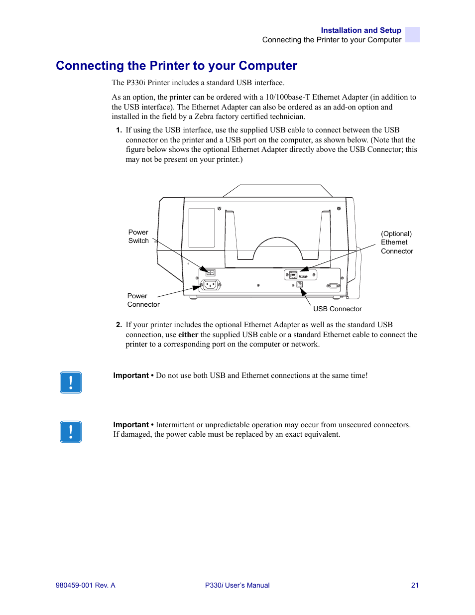 Connecting the printer to your computer | Zebra Technologies zebra card printer zebra p330 User Manual | Page 33 / 66