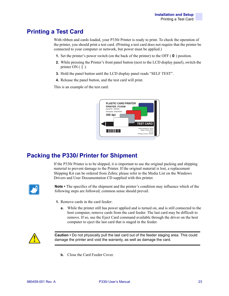 Printing a test card, Packing the p330i printer for shipment, Packing the p330 i printer for shipment | Zebra Technologies zebra card printer zebra p330 User Manual | Page 35 / 66