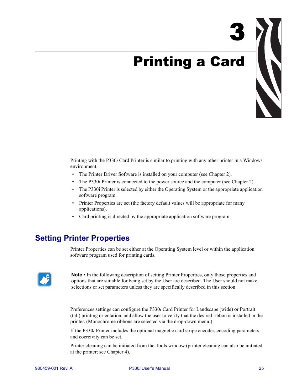 Printing a card, Setting printer properties, 3 • printing a card | Zebra Technologies zebra card printer zebra p330 User Manual | Page 37 / 66