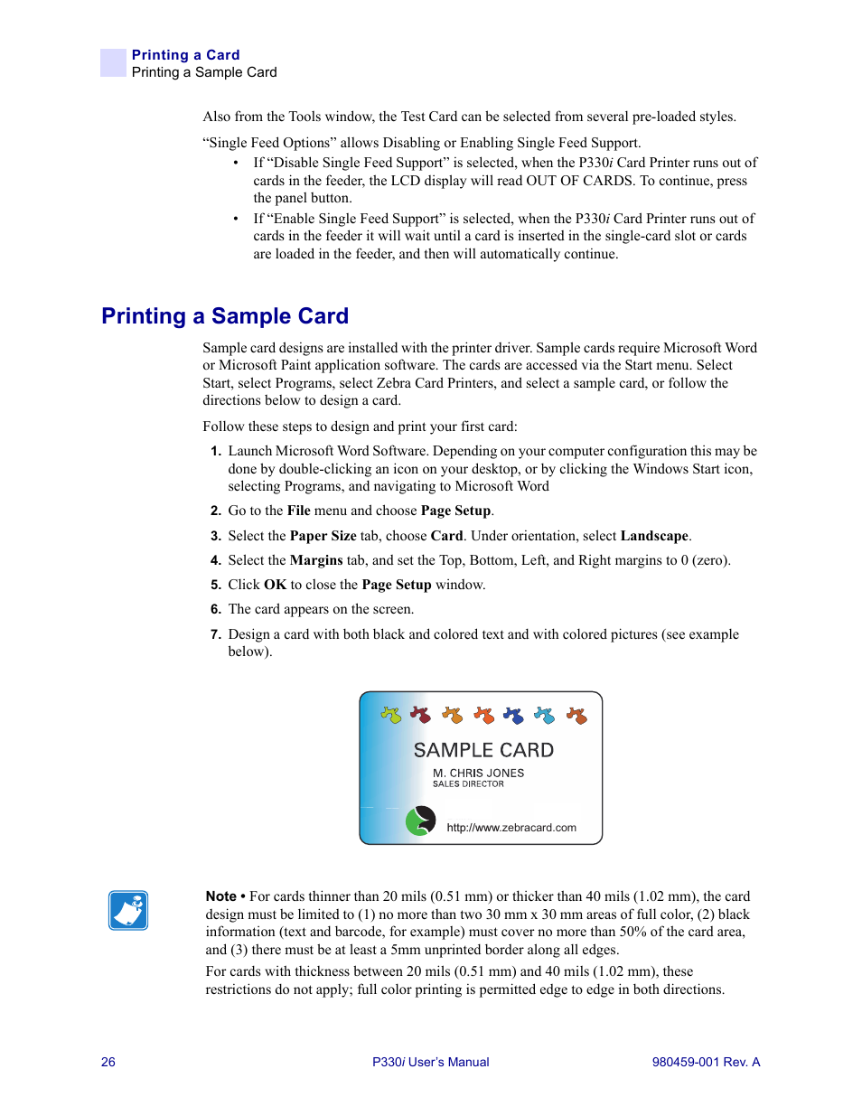 Printing a sample card | Zebra Technologies zebra card printer zebra p330 User Manual | Page 38 / 66