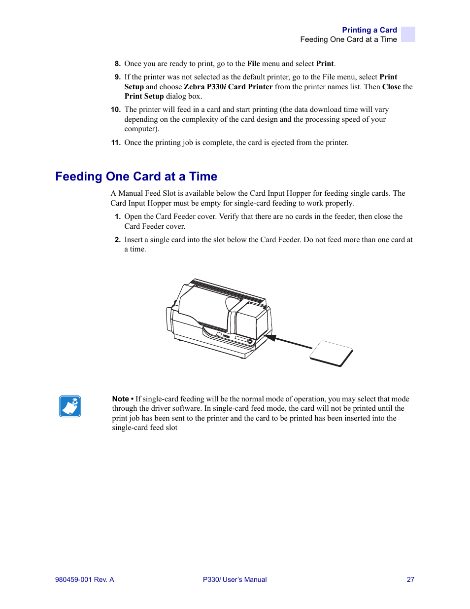 Feeding one card at a time | Zebra Technologies zebra card printer zebra p330 User Manual | Page 39 / 66