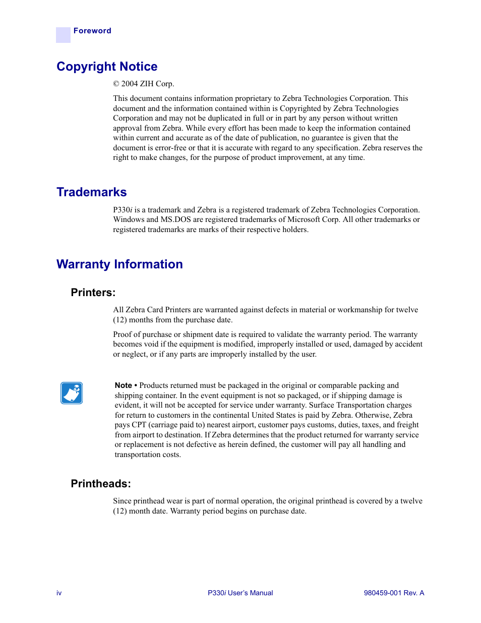 Copyright notice, Trademarks, Warranty information | Printers, Printheads | Zebra Technologies zebra card printer zebra p330 User Manual | Page 4 / 66