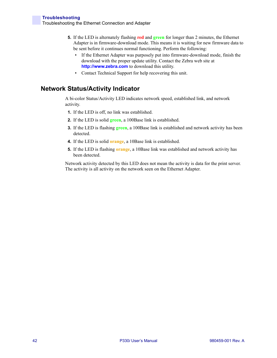 Network status/activity indicator | Zebra Technologies zebra card printer zebra p330 User Manual | Page 54 / 66