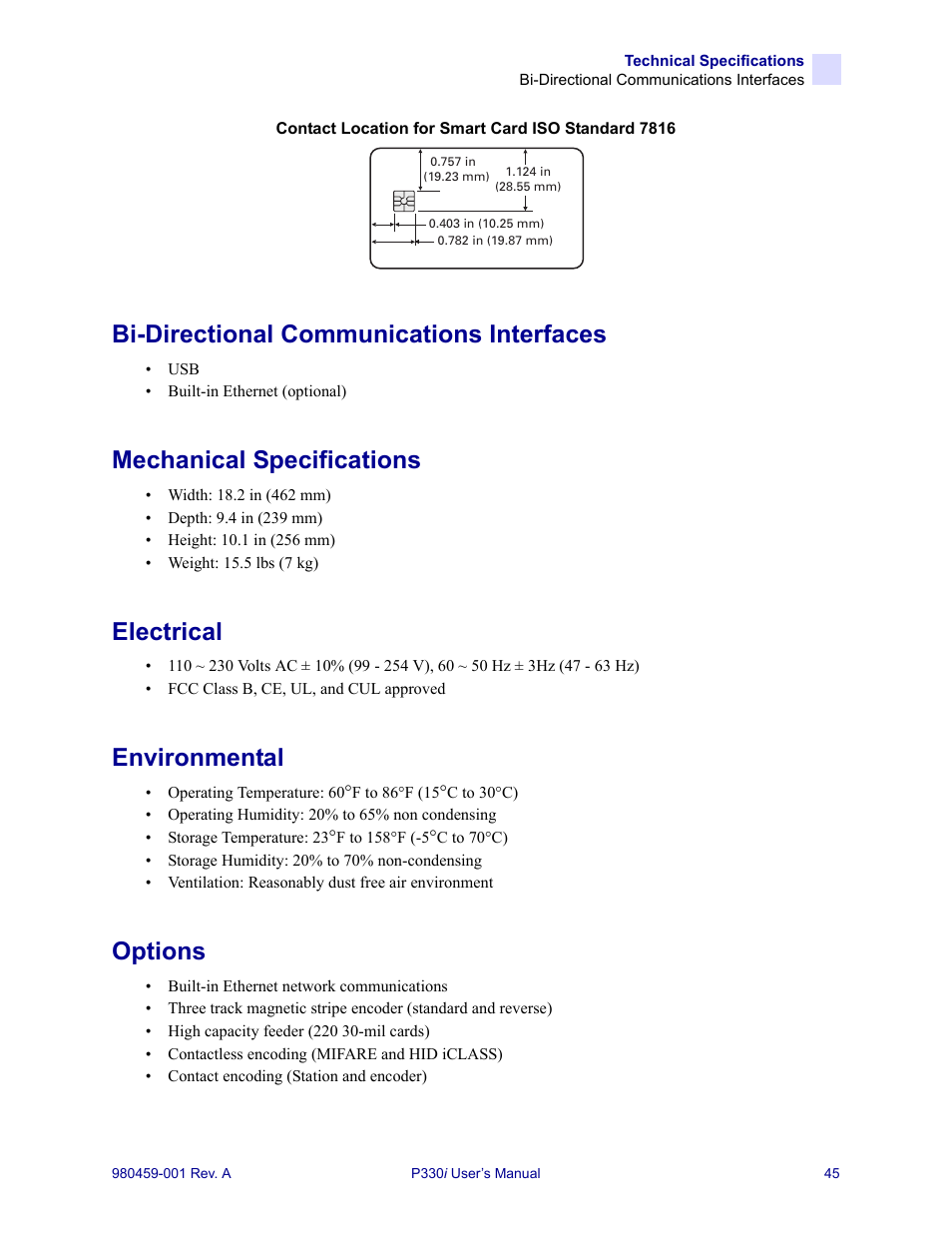 Bi-directional communications interfaces, Mechanical specifications, Electrical | Environmental, Options | Zebra Technologies zebra card printer zebra p330 User Manual | Page 57 / 66