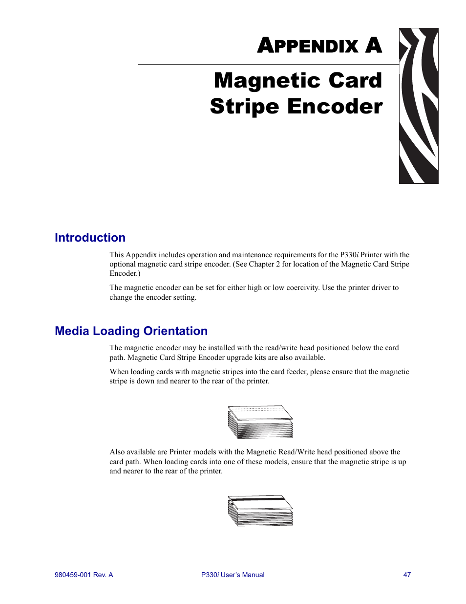 Magnetic card stripe encoder, Introduction, Media loading orientation | Appendix a • magnetic card stripe encoder, Ppendix | Zebra Technologies zebra card printer zebra p330 User Manual | Page 59 / 66