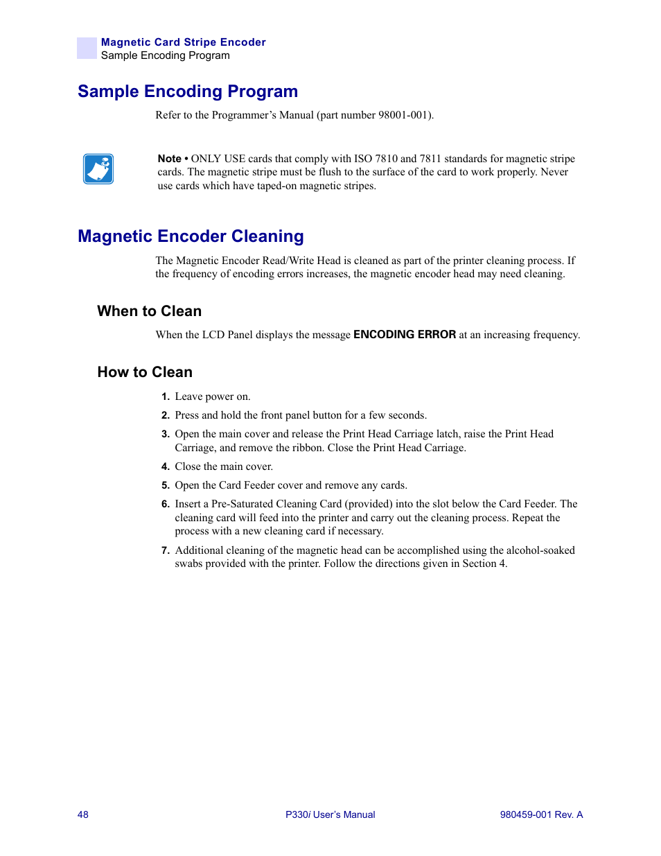 Sample encoding program, Magnetic encoder cleaning, When to clean | How to clean, Sample encoding program magnetic encoder cleaning, When to clean how to clean | Zebra Technologies zebra card printer zebra p330 User Manual | Page 60 / 66