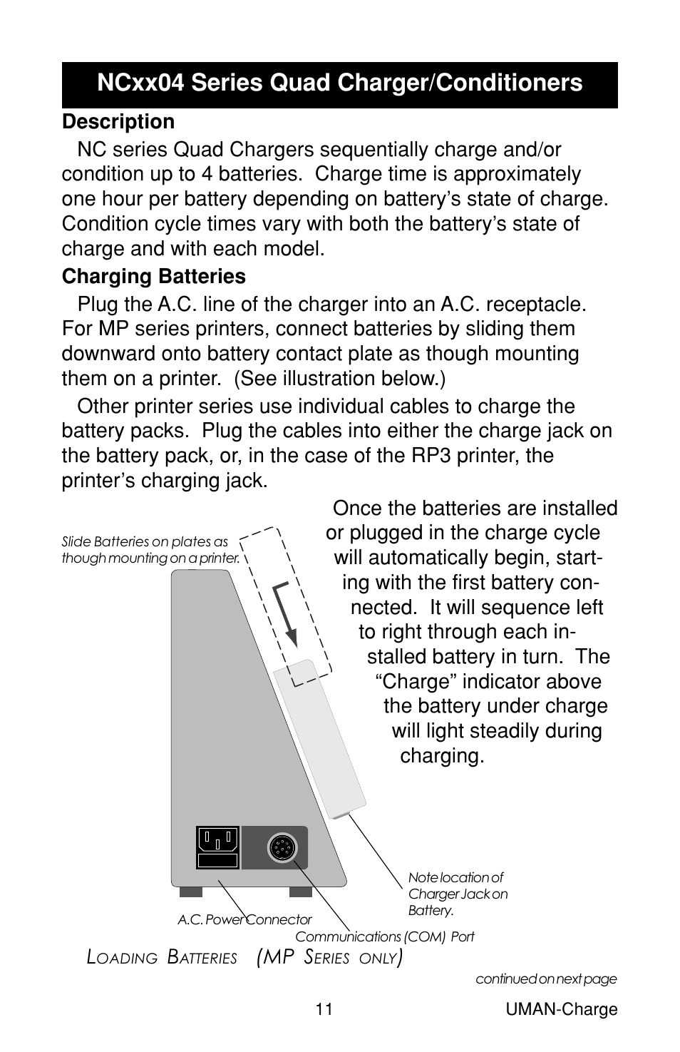 Ncxx04 series quad charger/conditioners, Description, Charging batteries | Description charging batteries | Zebra Technologies RP User Manual | Page 11 / 22
