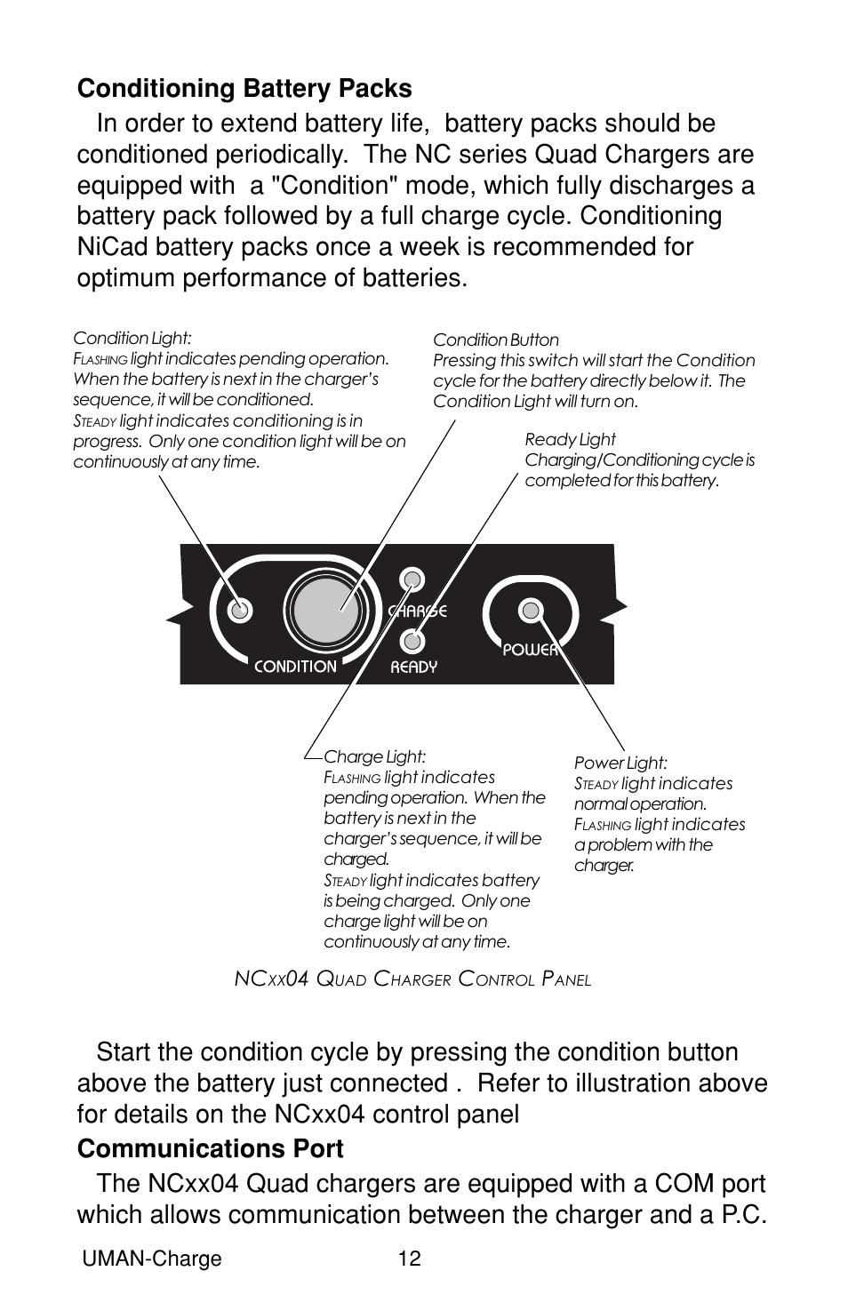 Conditioning battery packs, Communications port, Conditioning battery packs communications port | Uman-charge 12, 04 q | Zebra Technologies RP User Manual | Page 12 / 22