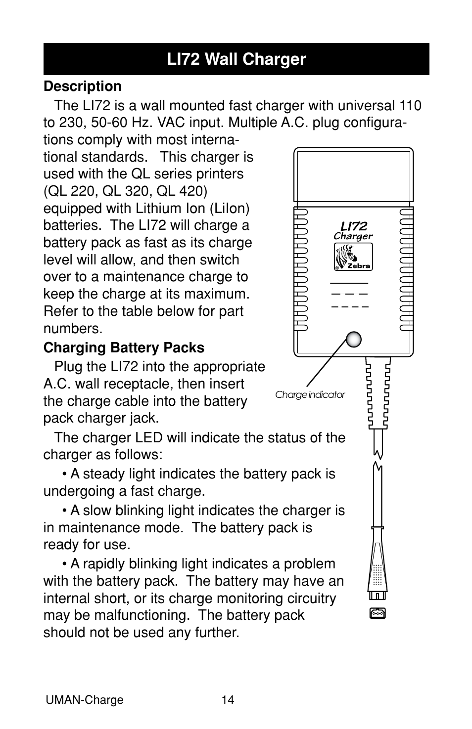 Li72 wall charger, Description, Charging battery packs | Description charging battery packs | Zebra Technologies RP User Manual | Page 14 / 22