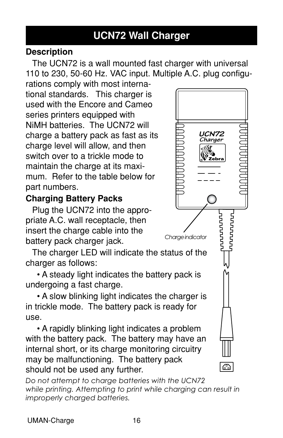 Ucn72 wall charger, Description, Charging battery packs | Description charging battery packs | Zebra Technologies RP User Manual | Page 16 / 22