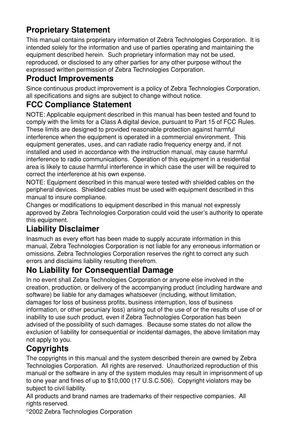 Proprietary statement, Product improvements, Fcc compliance statement | Liability disclaimer, No liability for consequential damage, Copyrights | Zebra Technologies RP User Manual | Page 2 / 22