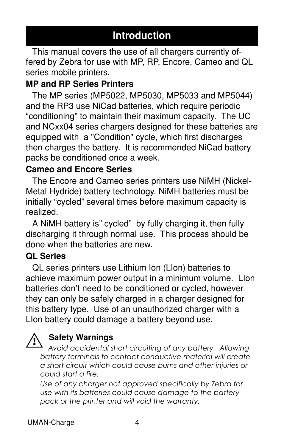 Introduction, Mp and rp series printers, Cameo and encore series | Ql series, Safety warnings | Zebra Technologies RP User Manual | Page 4 / 22