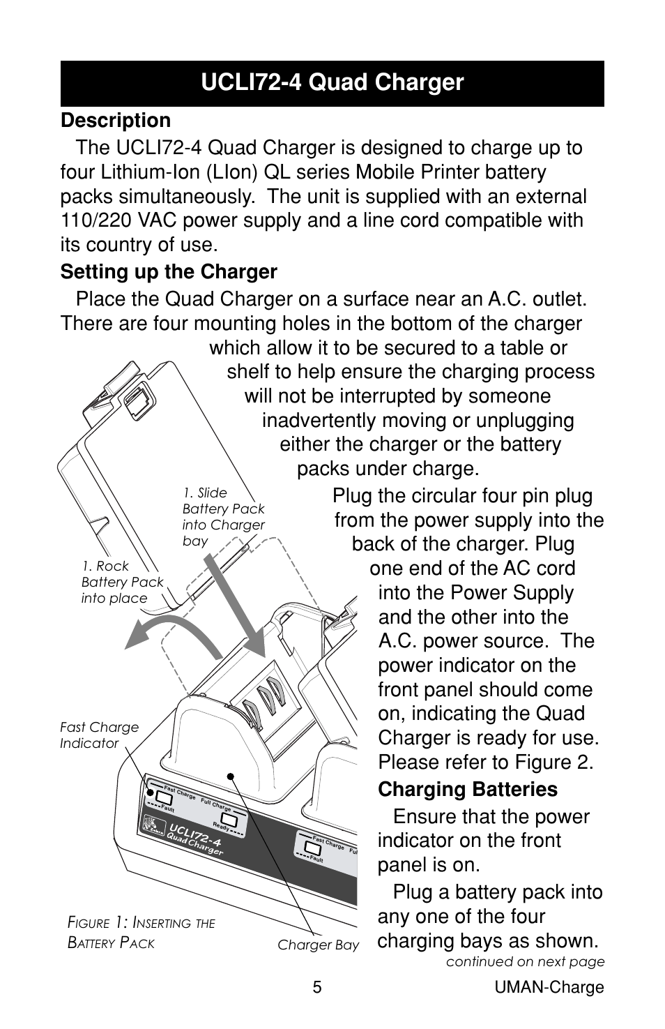 Ucli72-4 quad charger, Description, Setting up the charger | Charging batteries, 5uman-charge | Zebra Technologies RP User Manual | Page 5 / 22