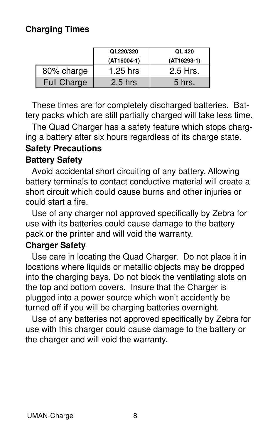 Charging times, Safety precautions, Battery safety | Charger safety | Zebra Technologies RP User Manual | Page 8 / 22