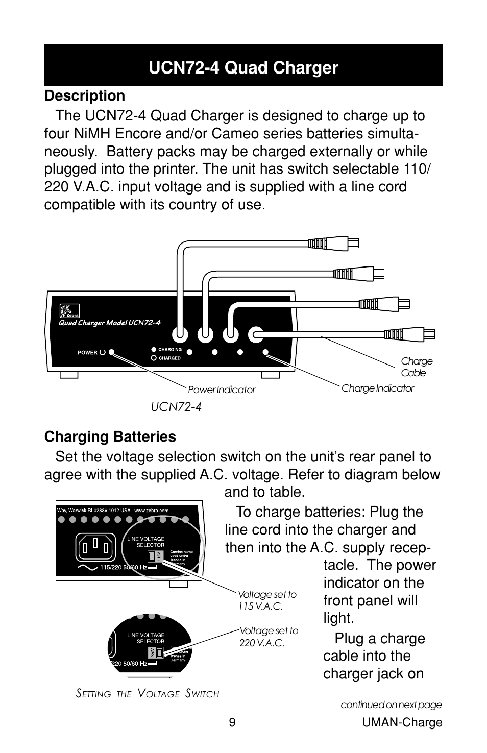 Ucn72-4 quad charger, Description, Charging batteries | Description charging batteries | Zebra Technologies RP User Manual | Page 9 / 22