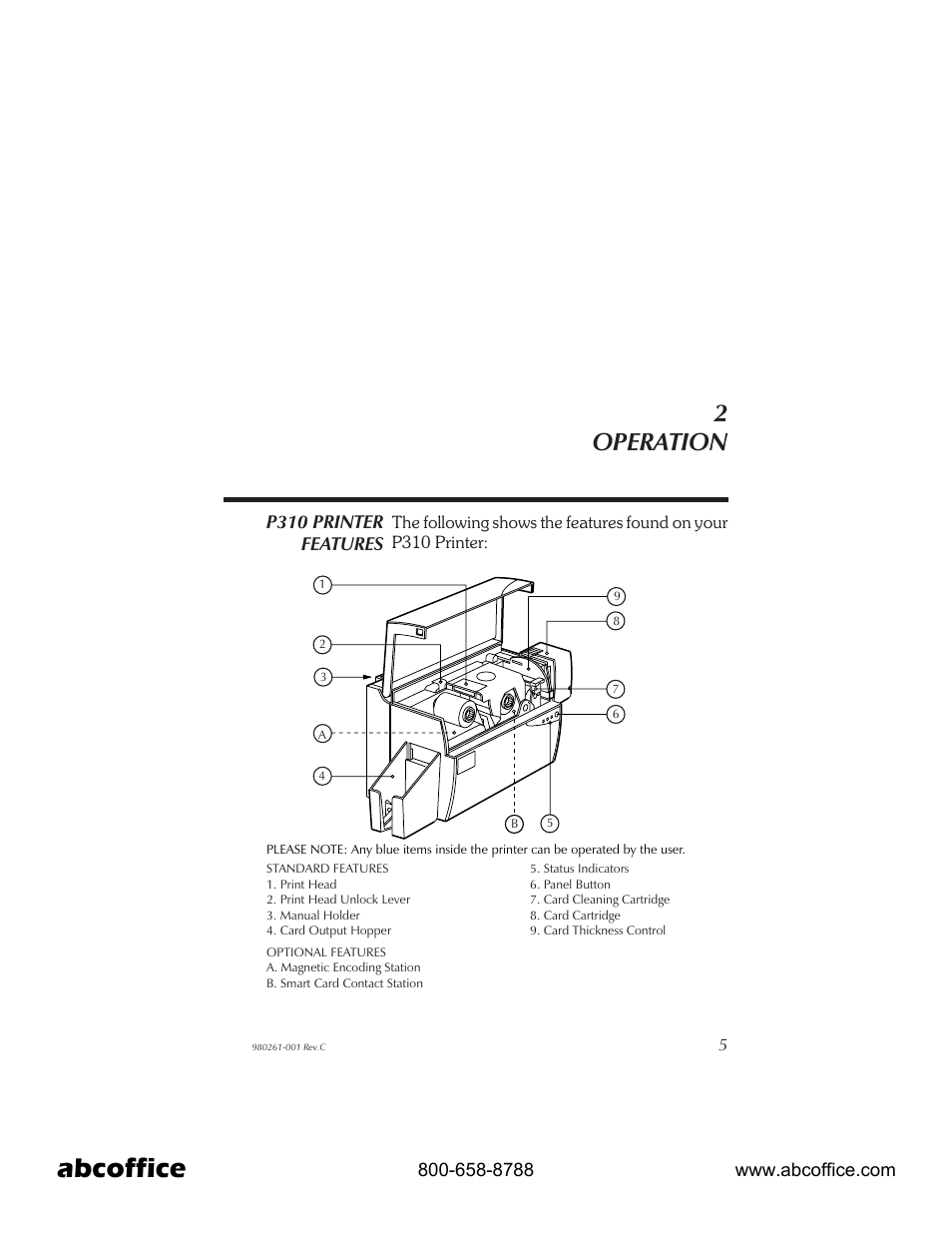 Operation 5, P310 printer features 5, Abcoffice | 2operation | Zebra Technologies P310 User Manual | Page 13 / 46