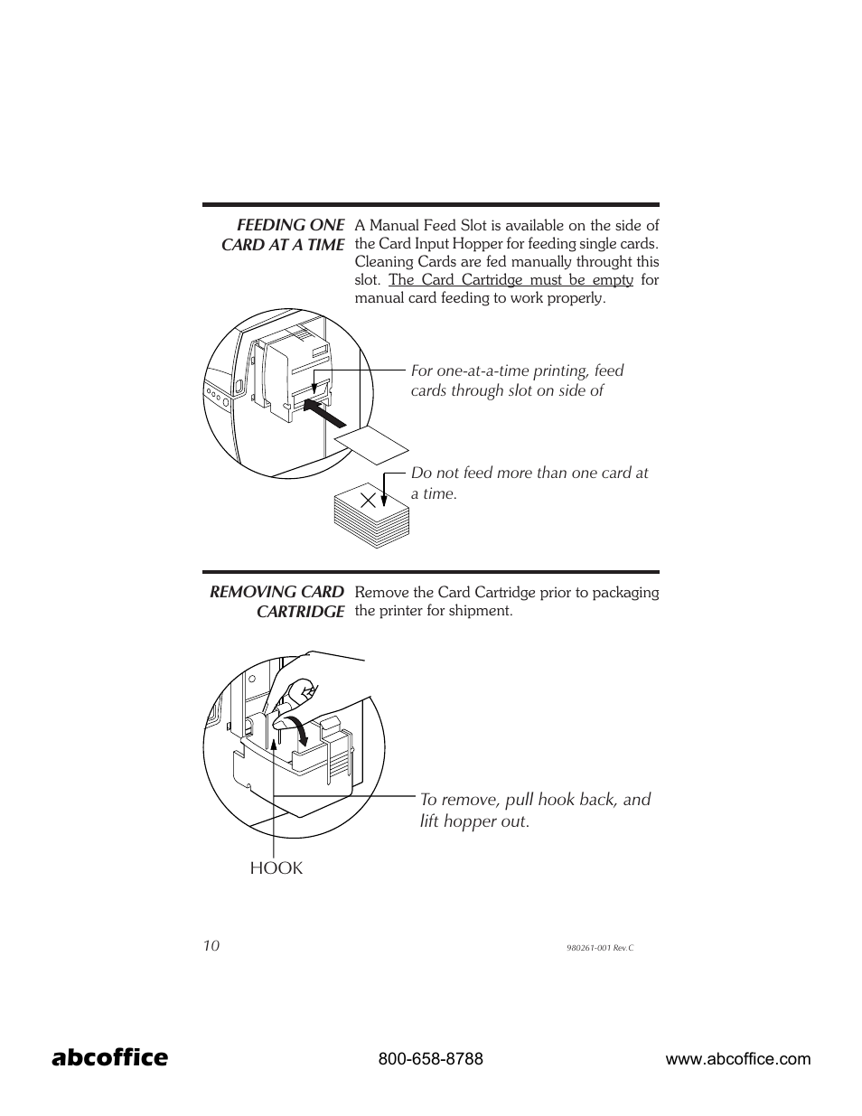Feeding one card at a time 10, Removing card cartridge 10, Abcoffice | Zebra Technologies P310 User Manual | Page 18 / 46