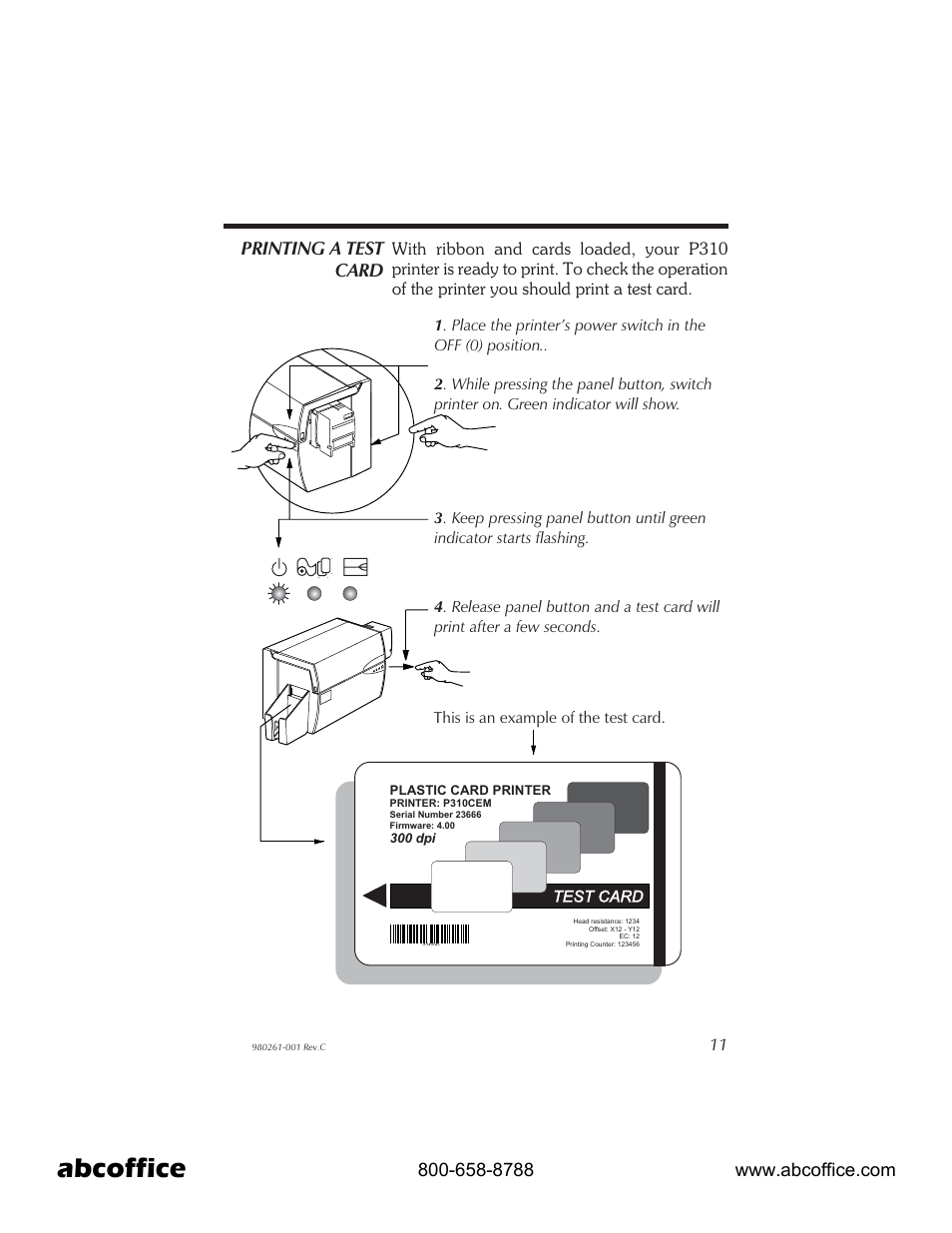 Printing a test card 11, Abcoffice, Printing a test card | Zebra Technologies P310 User Manual | Page 19 / 46
