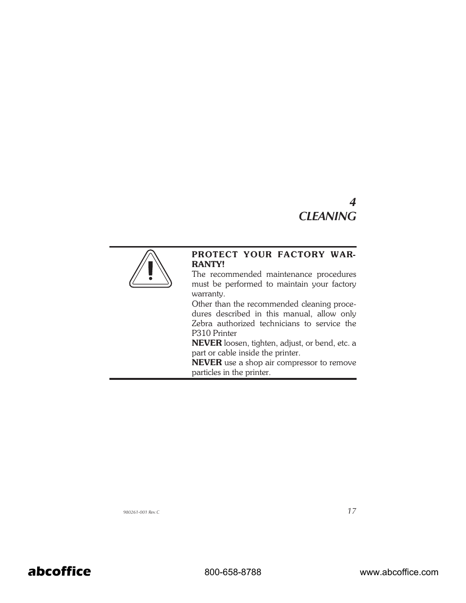 Cleaning 17, Abcoffice, 4cleaning | Zebra Technologies P310 User Manual | Page 25 / 46