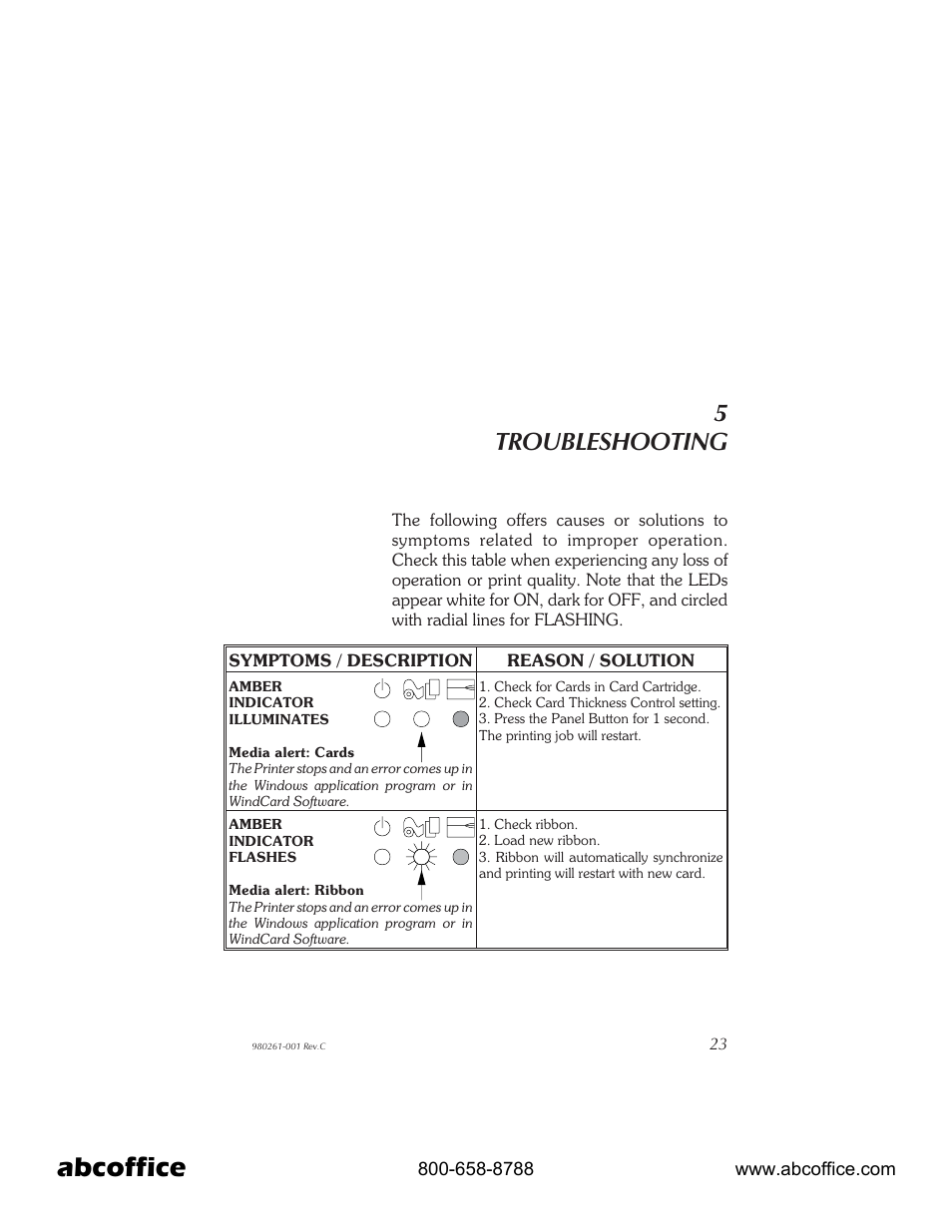 Troubleshooting 23, Abcoffice, 5troubleshooting | Zebra Technologies P310 User Manual | Page 31 / 46