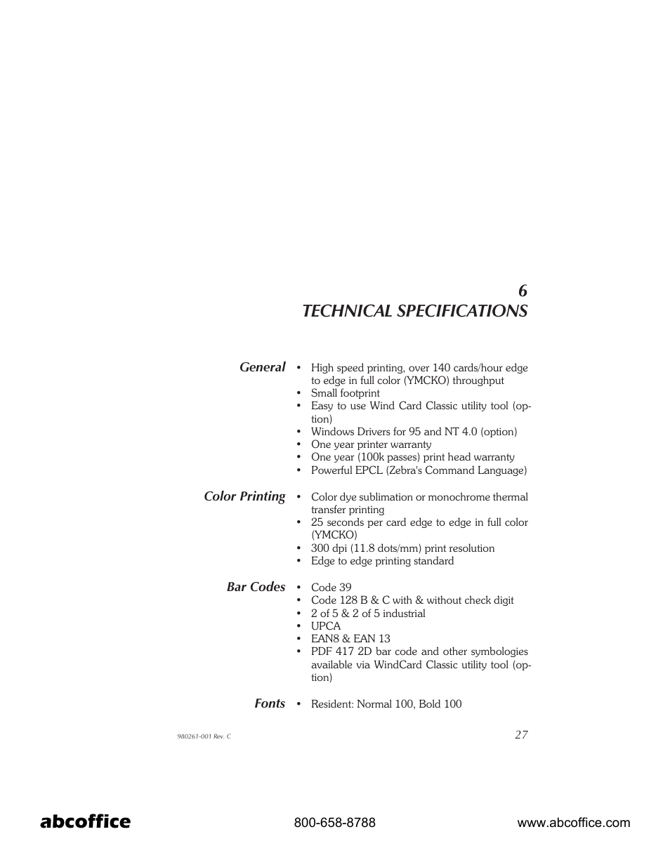Technical specifications 27, Abcoffice, 6technical specifications | Zebra Technologies P310 User Manual | Page 35 / 46