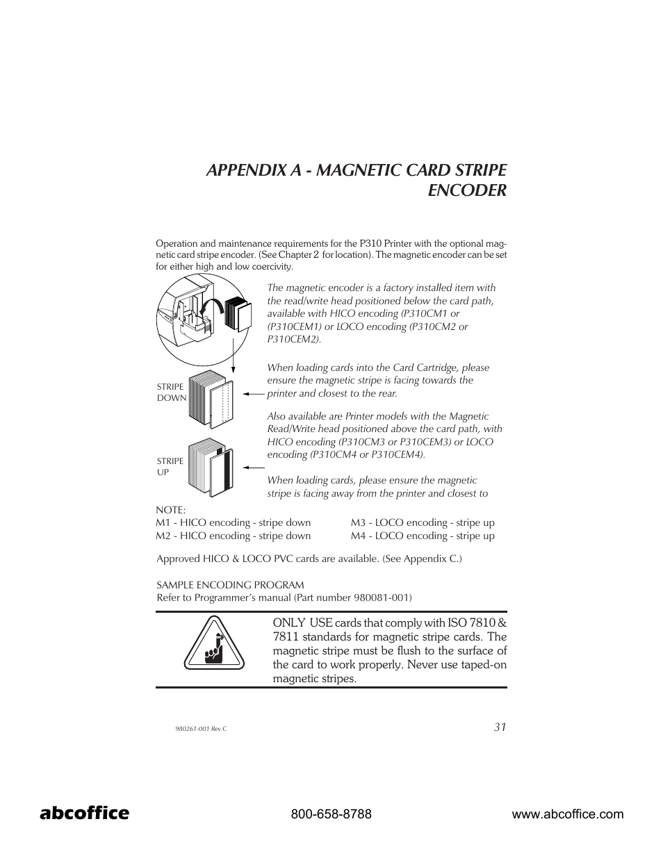 Appendix a - magnetic card stripe encoder 31, Abcoffice, Appendix a - magnetic card stripe encoder | Zebra Technologies P310 User Manual | Page 39 / 46
