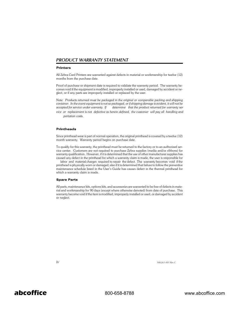 Abcoffice, Product warranty statement | Zebra Technologies P310 User Manual | Page 4 / 46