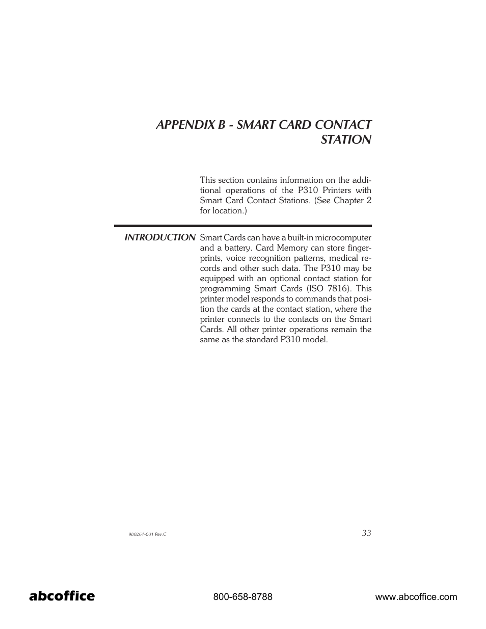 Appendix b - smart card contact station 33, Introduction 33, Abcoffice | Appendix b - smart card contact station | Zebra Technologies P310 User Manual | Page 41 / 46