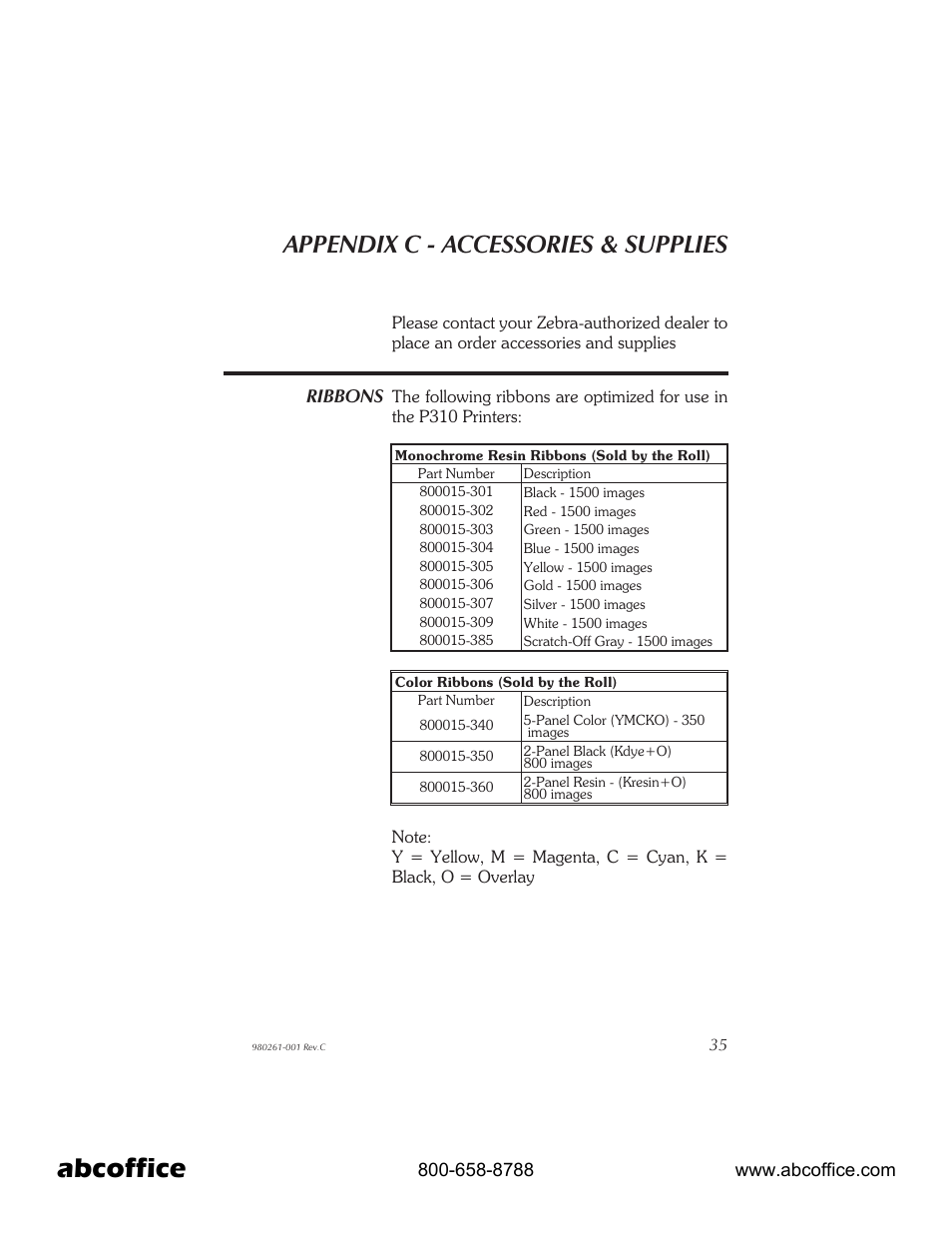 Appendix c - accessories & supplies 35, Ribbons 35, Abcoffice | Appendix c - accessories & supplies | Zebra Technologies P310 User Manual | Page 43 / 46