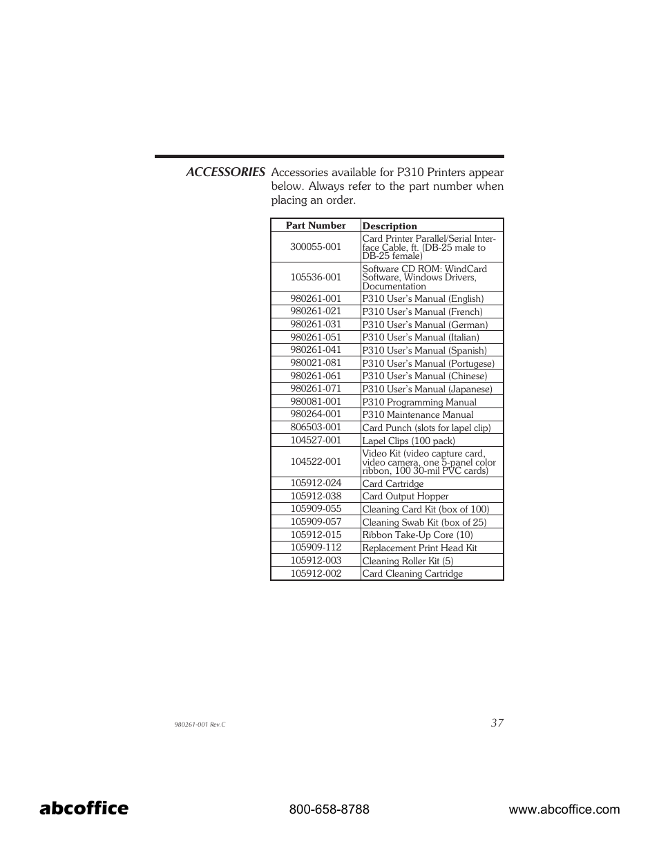 Accessories 37, Abcoffice, Accessories | Zebra Technologies P310 User Manual | Page 45 / 46
