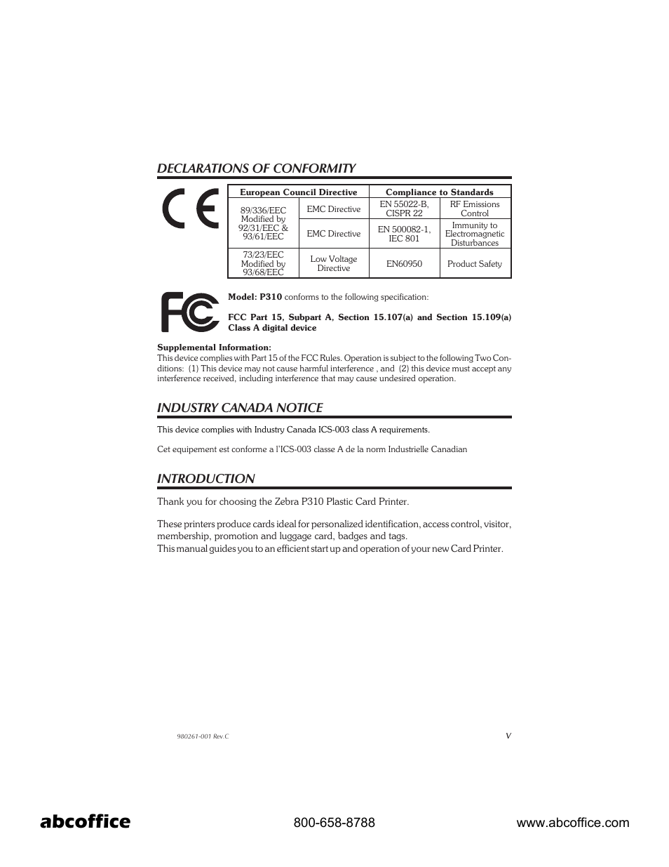 Abcoffice, Declarations of conformity, Industry canada notice | Introduction | Zebra Technologies P310 User Manual | Page 5 / 46