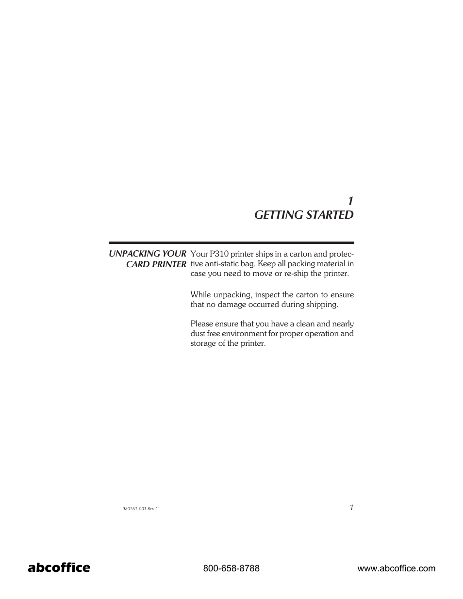 Getting started 1, Unpacking your card printer 1, Abcoffice | 1getting started | Zebra Technologies P310 User Manual | Page 9 / 46