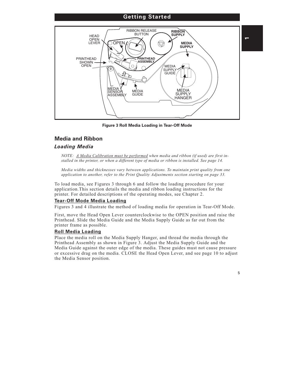 Media and ribbon, Getting started 1, Loading media | Zebra Technologies S-300 User Manual | Page 13 / 80