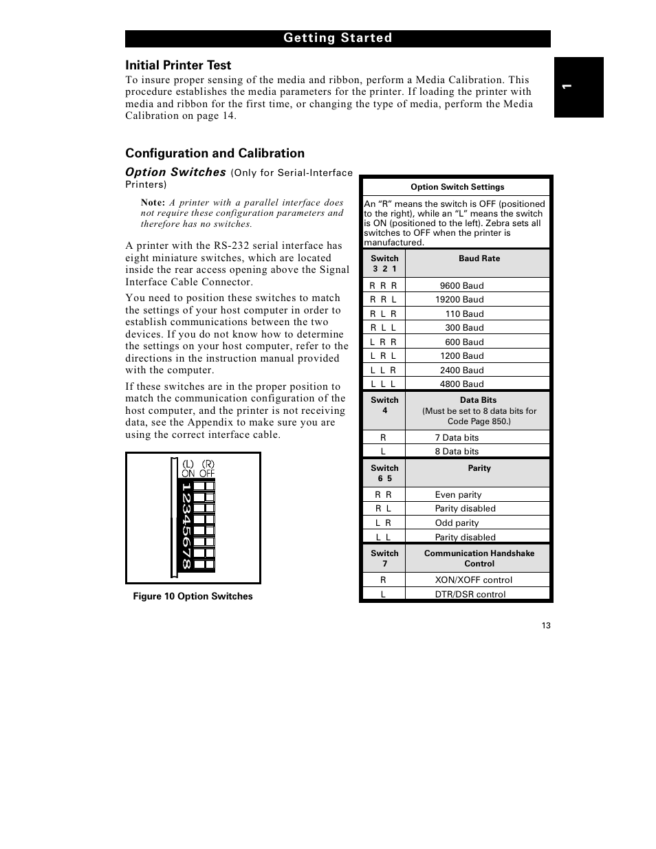 Initial printer test, Configuration and calibration, 1get ting star ted | Option switches | Zebra Technologies S-300 User Manual | Page 21 / 80