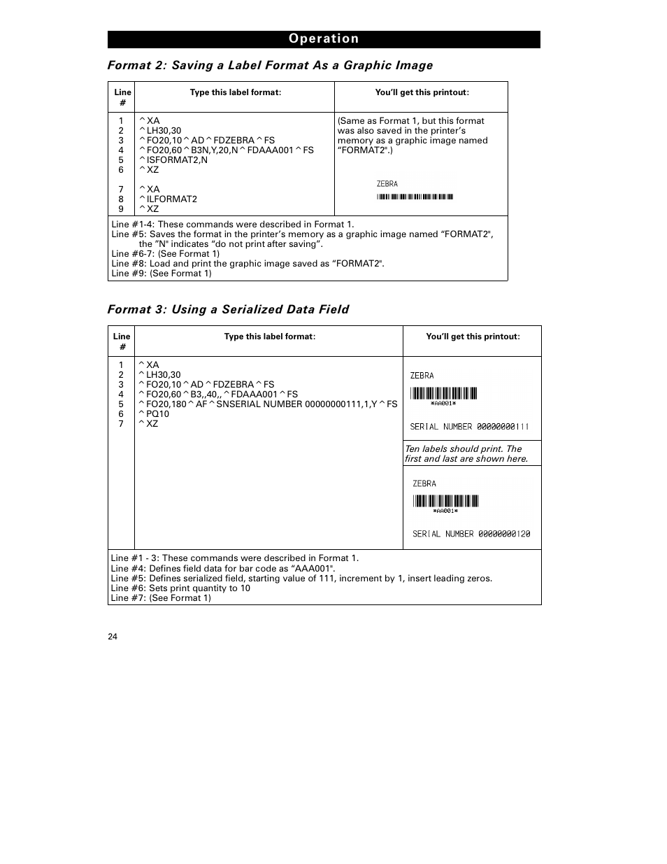 Oper ation, Format 2: saving a label format as a graphic image, Format 3: using a serialized data field | Zebra Technologies S-300 User Manual | Page 32 / 80