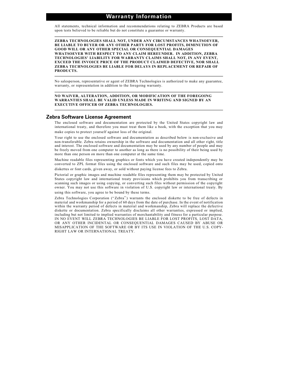 War ranty informat ion, Zebra software license agreement | Zebra Technologies S-300 User Manual | Page 4 / 80