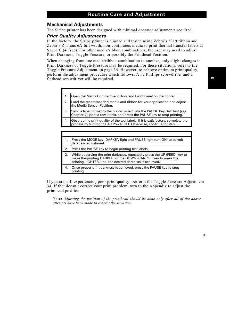 Mechanical adjustments, 3rout ine car e and adjustment | Zebra Technologies S-300 User Manual | Page 41 / 80