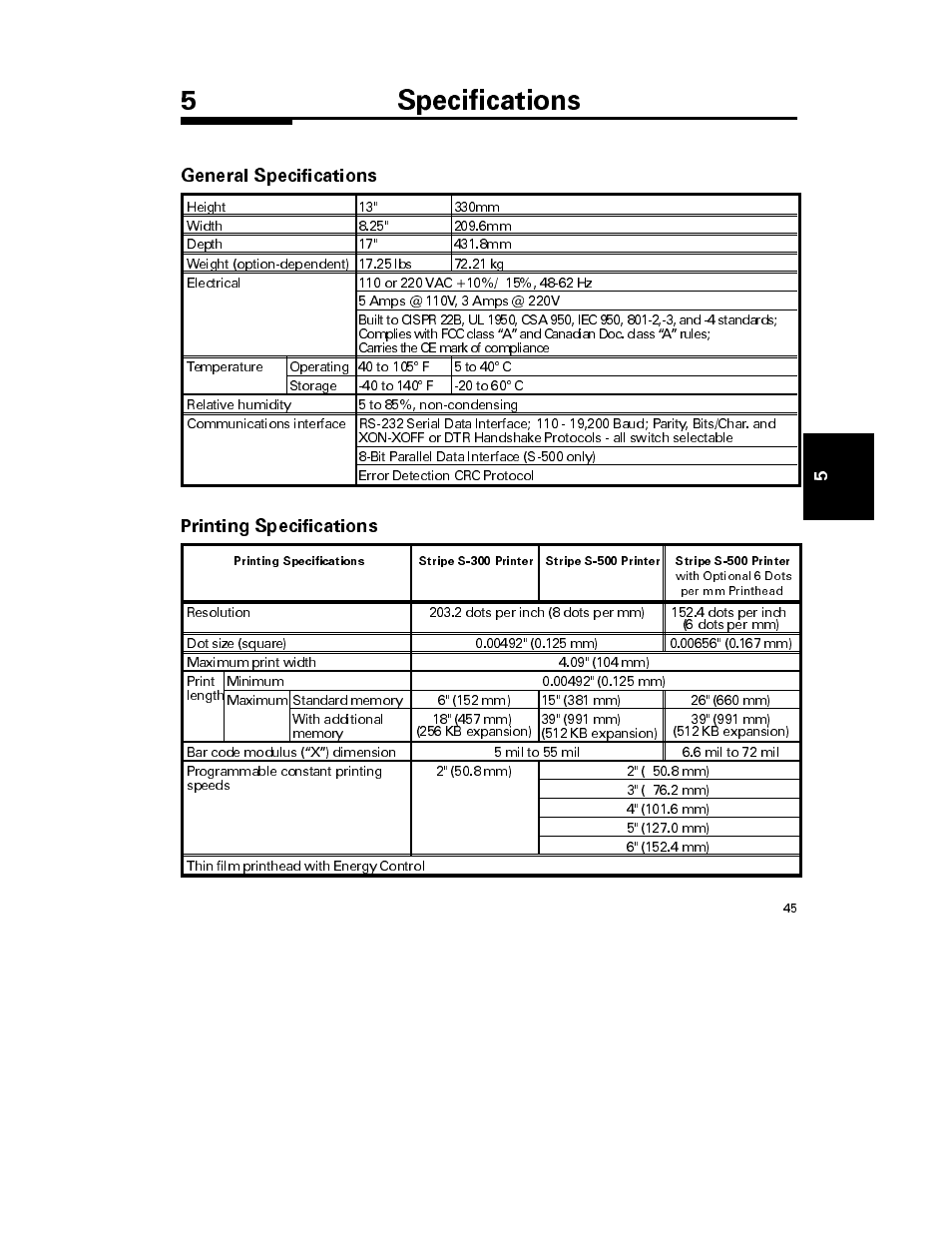 5specifications, General specifications, Printing specifications | Zebra Technologies S-300 User Manual | Page 53 / 80