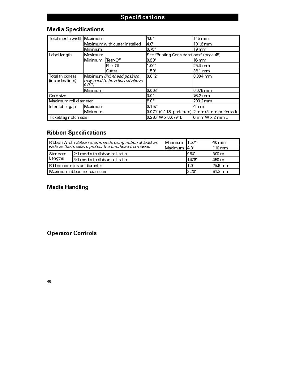Media specifications, Ribbon specifications, Media handling | Operator controls, Specifications | Zebra Technologies S-300 User Manual | Page 54 / 80
