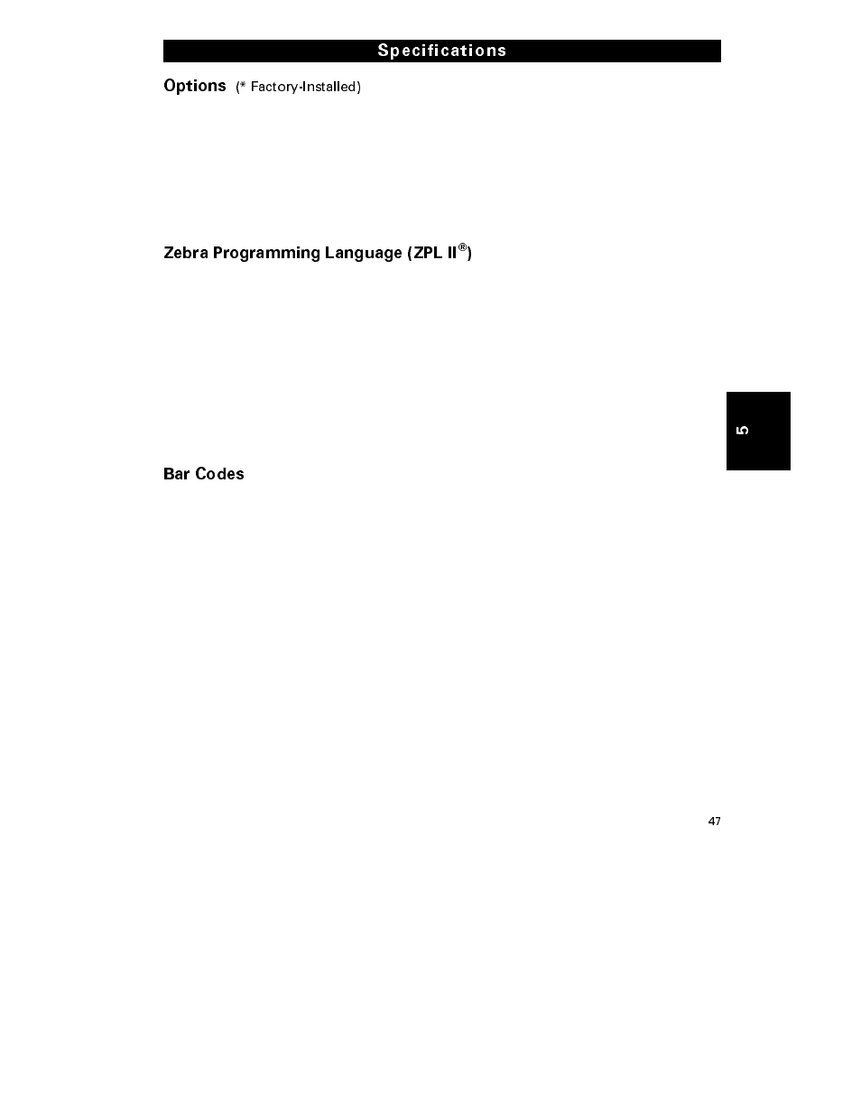 Options, Zebra programming language (zpl ii, Bar codes | Specifications | Zebra Technologies S-300 User Manual | Page 55 / 80
