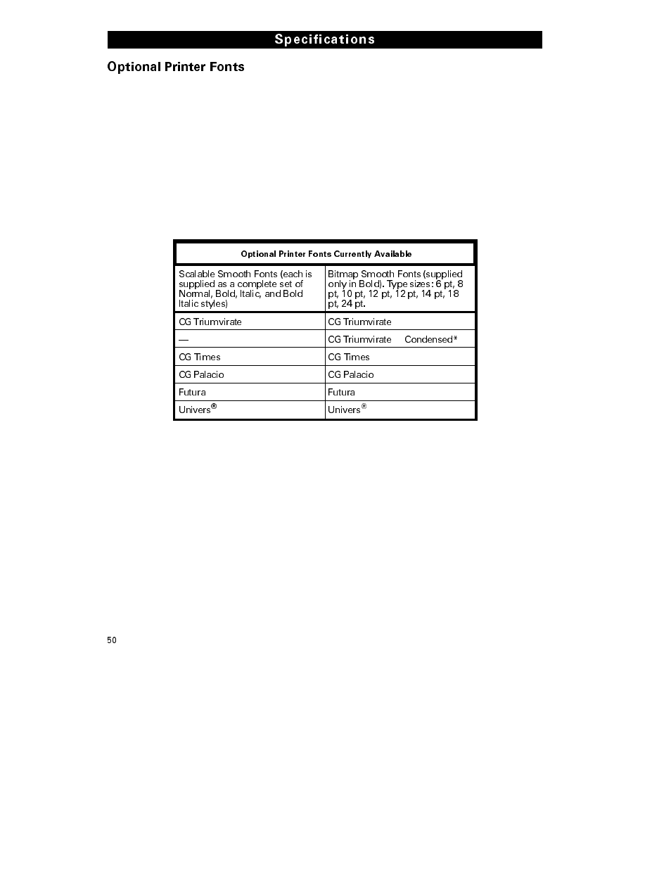 Optional printer fonts, Specifications | Zebra Technologies S-300 User Manual | Page 58 / 80